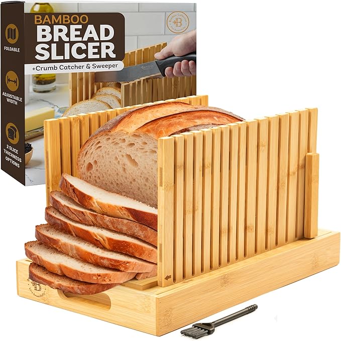 Bambüsi Upgraded Bread Slicer for Homemade Bread - Adjustable Bamboo Bread Cutter Board, Foldable Slicing Guide with Crumb Tray for Sourdough, Artisan Loaves, Bagels, Cakes, Bakery Kitchen Gadget Gift