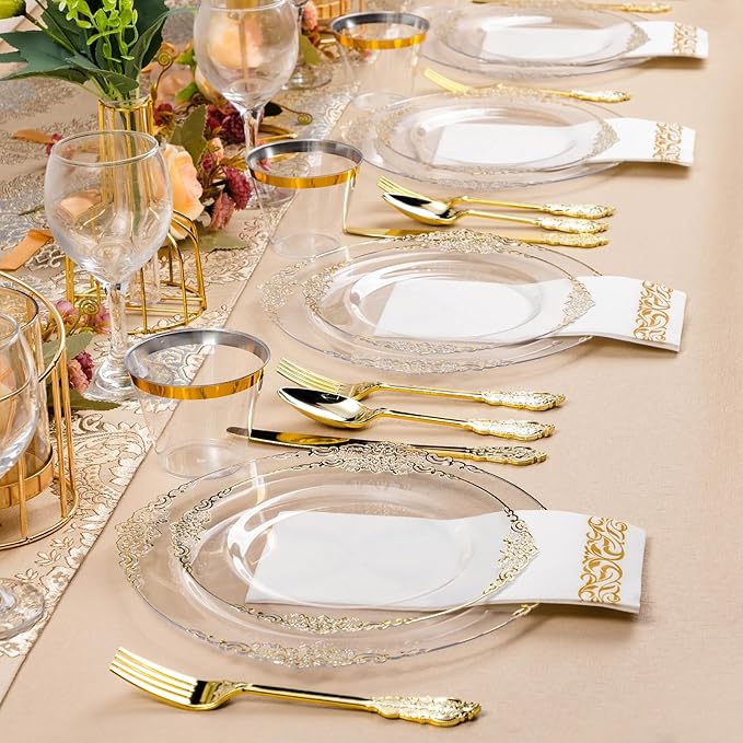350PCS Clear Gold Plastic Plates for 50 Guests, Disposable Dinnerware Set Includes 100 Clear Disposable Plates, 150 Gold Silverware, 50 Cups, 50 Napkins for Party, Wedding