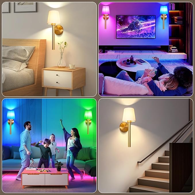 Battery Operated Wall Sconce Set of 2, 5200mAh RGB Wireless Wall Lights with Detachable Charging Stick & Dimmable Bulbs, 12 Colors Rechargeable Wall Lamps for Bedroom Living Room Hallway Decor, Gold