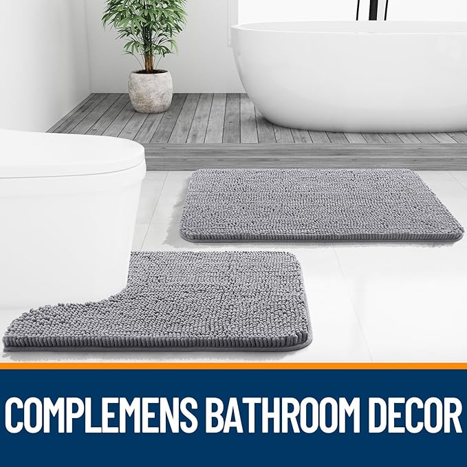 OLANLY Bathroom Rugs Sets 3 Piece, Soft Absorbent Chenille Bath Mats and U-Shaped Contour Toilet Rug, Quick Dry, Home Decor Accessories, Bath Mat Set for Bathroom (30"x20"+24"x16"+24"x20", Grey)
