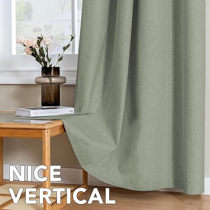 H.VERSAILTEX Linen Curtains 100% Blackout Curtains for Bedroom 45 inch Long Full Light Blocking Nature Linen Blended Window Curtains for Living Room Nickel Grommet (2 Panels, Heathered Dried Sage)