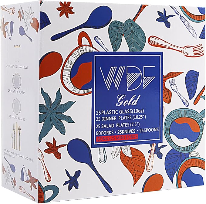 WDF 25Guest Gold Plastic Plates - Heavy Duty Christmas Plastic Plates Dinnerware - Include 25 Dinner Plate 25 Salad Plates 50 Forks 25 Knives 25 Spoons 25 Cups 25 Mini Forks for Christmas/Weddiing