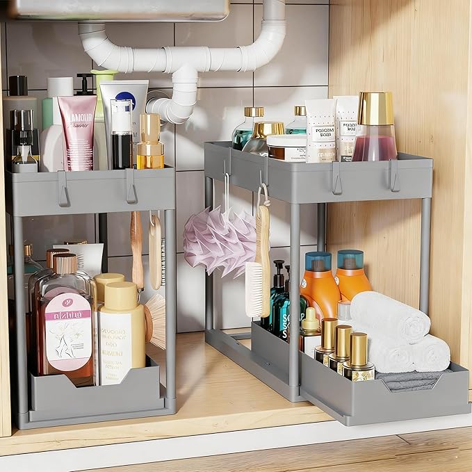 Simple Trending Under Sink Organizer 2 Pack, Sink Pull-Out Sliding Storage Cabinet, 2-Tier Under Shelf Organizer for Kitchen Bathroom, Grey