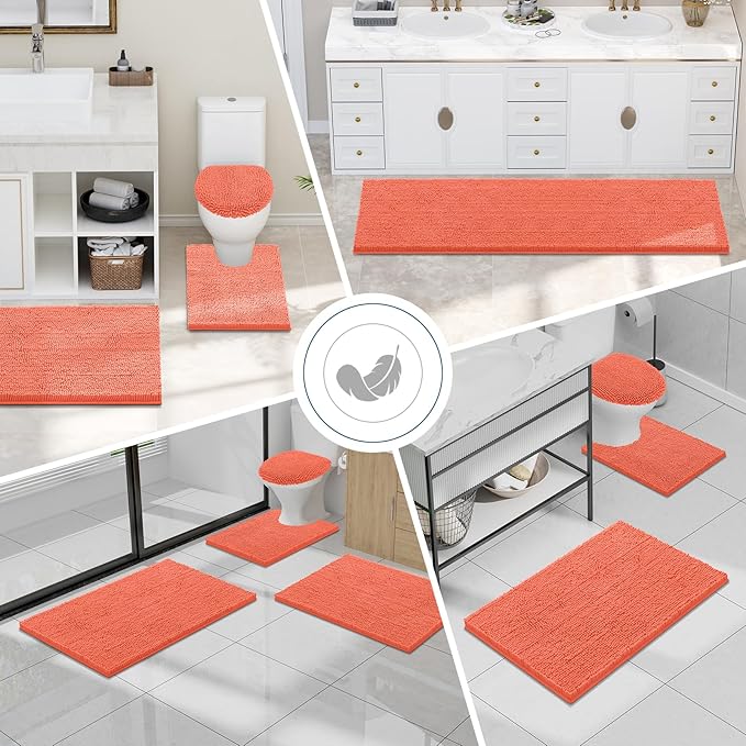 Smiry Luxury Chenille Bathroom Rugs 44x24, Extra Soft and Absorbent Shaggy Bath Mat, Machine Washable, Non-Slip Plush Carpet Runner for Tub, Shower, and Floor, Home Decor Accessories, Coral