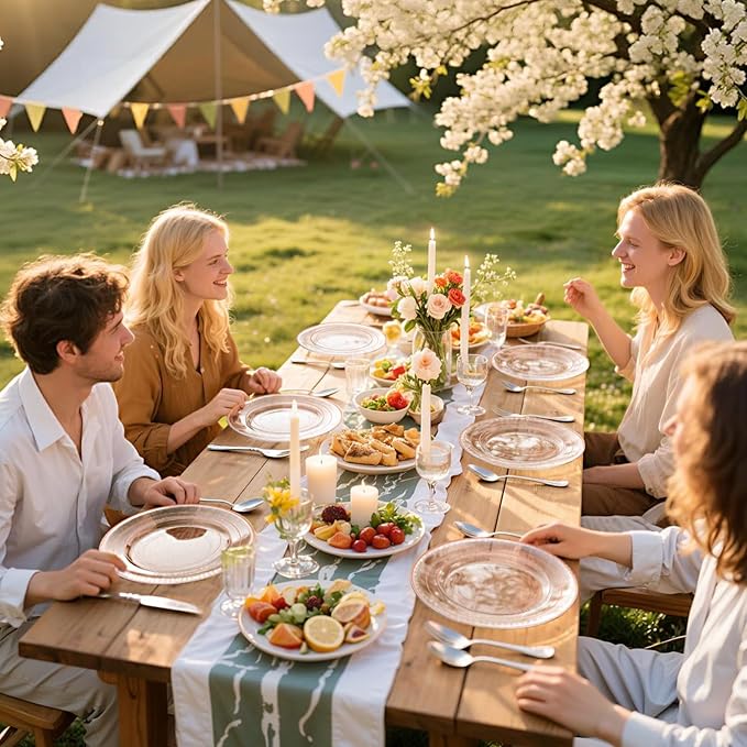 GATHER 350PCS Rose Gold Plastic Plates - Disposable Rose Gold Dinnerware Includes 100 Clear Rose Golds Rimmed Plastic Plates, 150 Silverware, 50 Napkins, 50 Cups for Party, Wedding