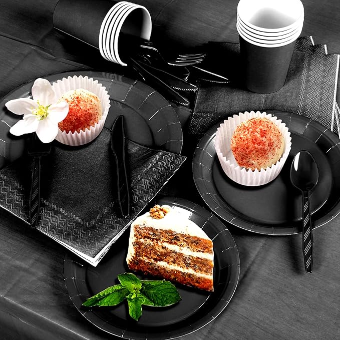 TWOWYHI 229PCS Black Party Supplies Set Paper Disposable Plates Cups Plastic Spoons Forks Knives Black Napkins for 30 Guests Disposable Party Dinnerware Sets for Wedding Birthday Parties