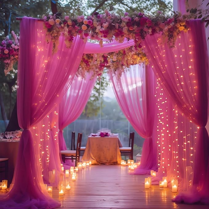 10×10ft Hot Pink Tulle Backdrop Curtain with Lights String for Parties, Sheer Photo Backdrop Curtains for Wedding Party Photography Background