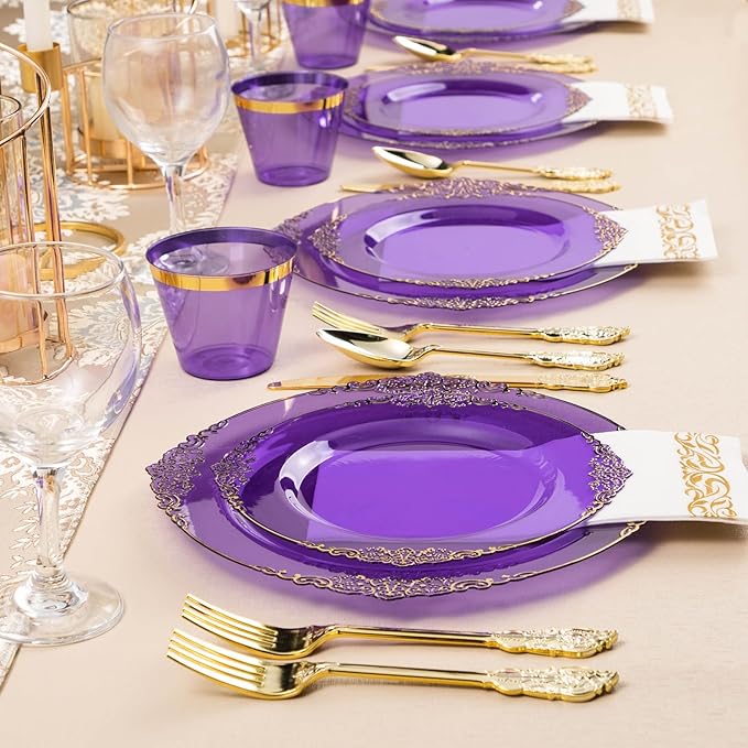 175PCS Clear Purple Plastic Plates for 25 Guests, Disposable Plates with Gold Trim include 25 Dinner Plates, 25 Dessert Plates, 75 Gold Silverware, 25 Cups, 25 Napkins for Party, Wedding
