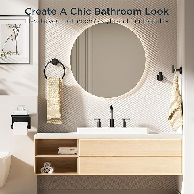 FORIOUS Bathroom Hardware Accessories Set, SUS304 Stainless Steel 24 Inch Towel Bar Set Wall Mounted, Modern Toilet Paper Holder with Shelf for Bathroom, 5 Pieces, Matte Black