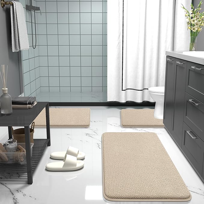 OLANLY Thick Memory Foam Bath Mat Rug 30x20, Extra Soft Absorbent Bathroom Rug, Quick Dry Bath Mats, Non-Slip, Machine Washable Carpet for Bathroom, Tub and Shower, Home Decor Accessories, Beige