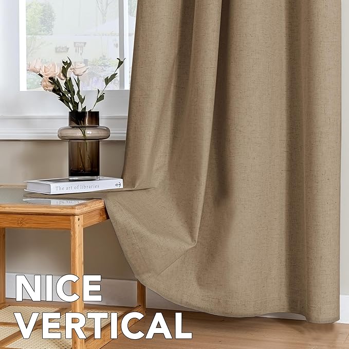 H.VERSAILTEX Linen Curtains 100% Blackout Curtains for Bedroom 84 inch Long Full Light Blocking Nature Linen Blended Window Curtains for Living Room Nickel Grommet (2 Panels, Heathered Macchiato)