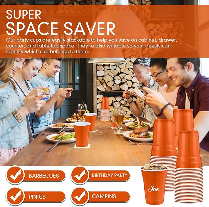 Mimorou Orange 200 Pack 16 oz Disposable Plastic Cups Bulk, Party Plastic Cups for Parties Stackable Beverage Drinking Tumbler Heavy Duty for Events Picnics and BBQ Wedding Birthday Baby Shower