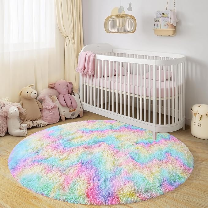 Round Fluffy Rugs 7Ft for Girls Bedroom, Rainbow Shag Circle Kids Rug Non-Slip for Bedside Dorm Nursery Playroom, Soft Cute Area Rugs for Living Room Decor
