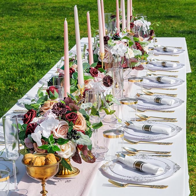 Nervure 175PCS White and Gold Plastic Plates - Disposable Dinnerware Set Include 50 Gold Plates for Dinner and Dessert, 75 Cutlery, 25Cups 25Napkins for Wedding & Party & Thanksgiving