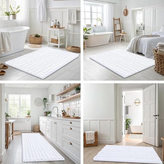 Smiry Bathroom Rugs Mat 47x20, Extra Soft Absorbent Chenille Bath Rugs, Non Slip Rubber Backing Machine Washable Quick Dry Bath Mats for Bathroom Floor, Tub, Shower, Home Decor Accessories, White