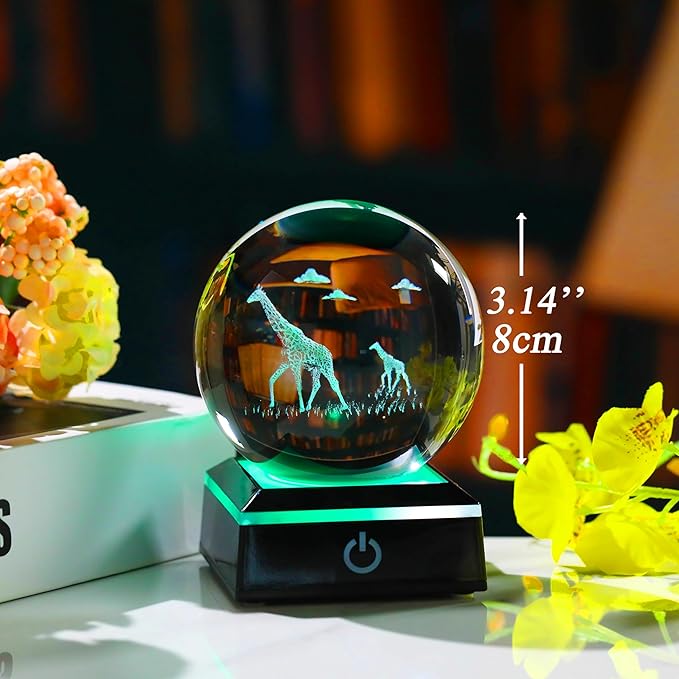 Qianwei Giraffe Gifts for Women Men 3D Crystal Ball 3.14'' - Laser Giraffe Decor Glass Animals Figurines Statue Stuff for Room Night Light Giraffe Gifts for Mom