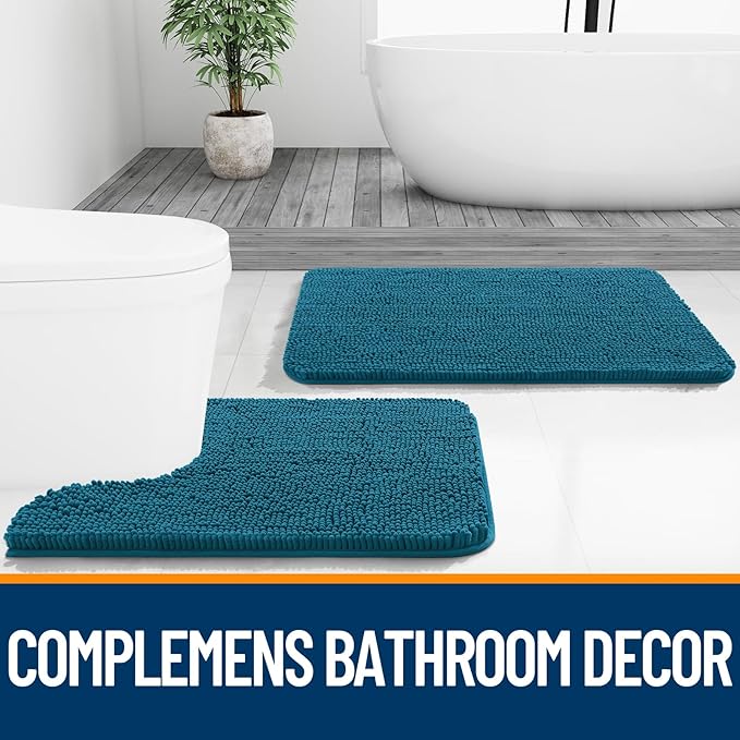 OLANLY Bathroom Rugs Sets 3 Piece, Soft Absorbent Chenille Bath Mats and U-Shaped Contour Toilet Rug, Quick Dry, Home Decor Accessories, Bath Mat Set for Floor (36"x24"+24"x16"+24"x20", Peacock Blue)