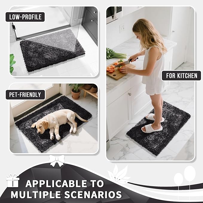 Yimobra Long Bathroom Rug Non Slip 44x24 Inch, Extra Thick Soft Absorbent Chenille Bath Mat, Machine Washable Quick Dry Bath Rugs for Bathroom Floor, Tub and Shower, Home Decor Accessories, Dark Grey