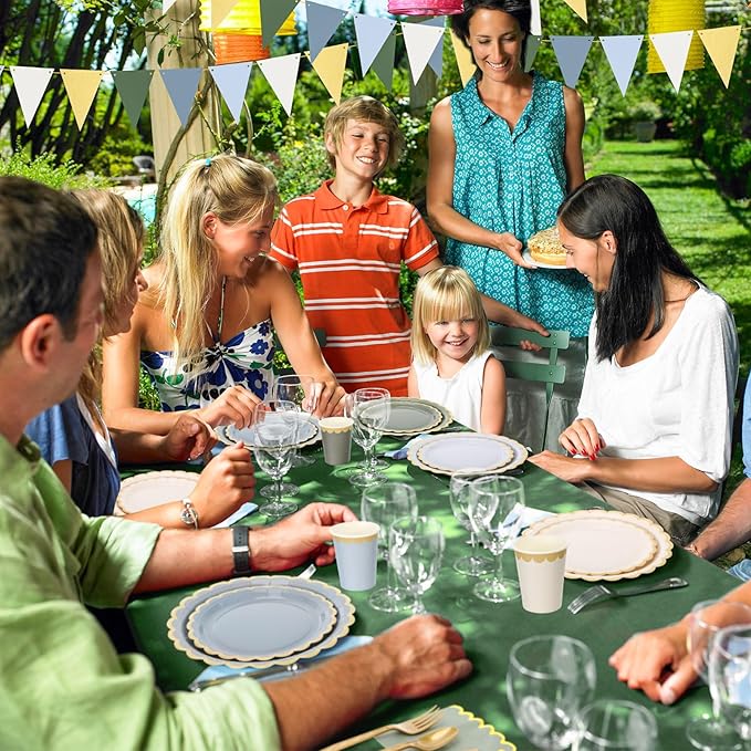Mimorou 342 Pcs Blue and Green Party Supplies Dusty Tableware Paper Disposable Plates Napkins Cups Plastic Tablecloth Blue and Green Golden Triangle Banner for Wedding Bachelorette Birthday