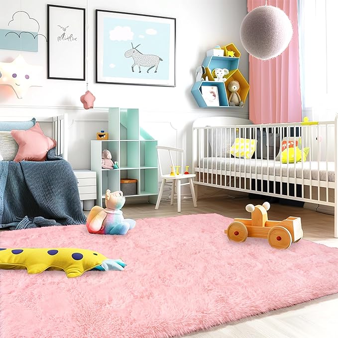 Ultra Fluffy Rug for Living Room Bedroom, 5x7 Fuzzy Large Area Rug for Living Room, Plush Soft Shag Carpet for Girl Boy Kids, Non Slip Rug Modern Indoor Home Decor Aesthetic, Pink