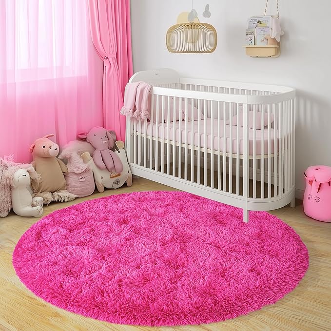 Round Fluffy Rugs 6Ft for Girls Bedroom, Hot Pink Shag Circle Kids Rug Non-Slip for Bedside Dorm Nursery Playroom, Soft Cute Area Rugs for Living Room Decor