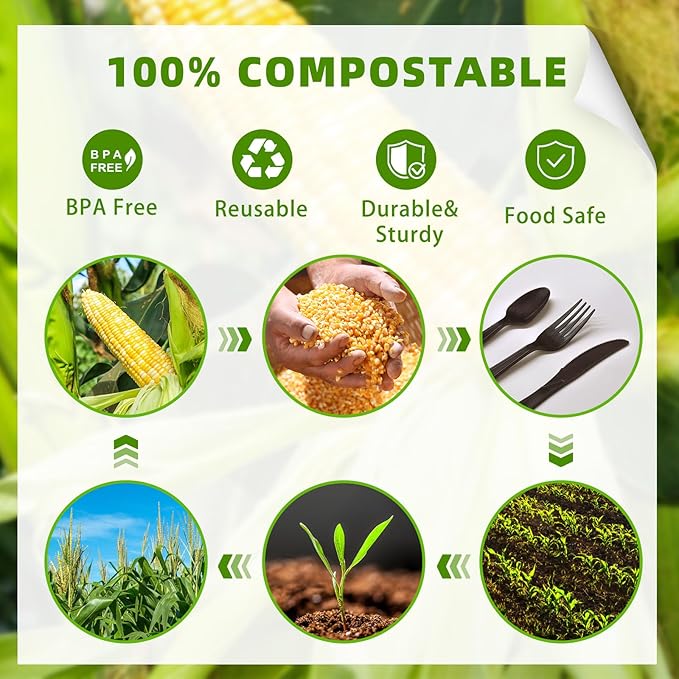 Compostable Utensils, Black Plastic Silverware, Compostable Cutlery 120 Forks 120 Spoons 60 Knives, No Plastic Disposable Silverware, Eco Friendly Disposable Cutlery for Party Office Wedding
