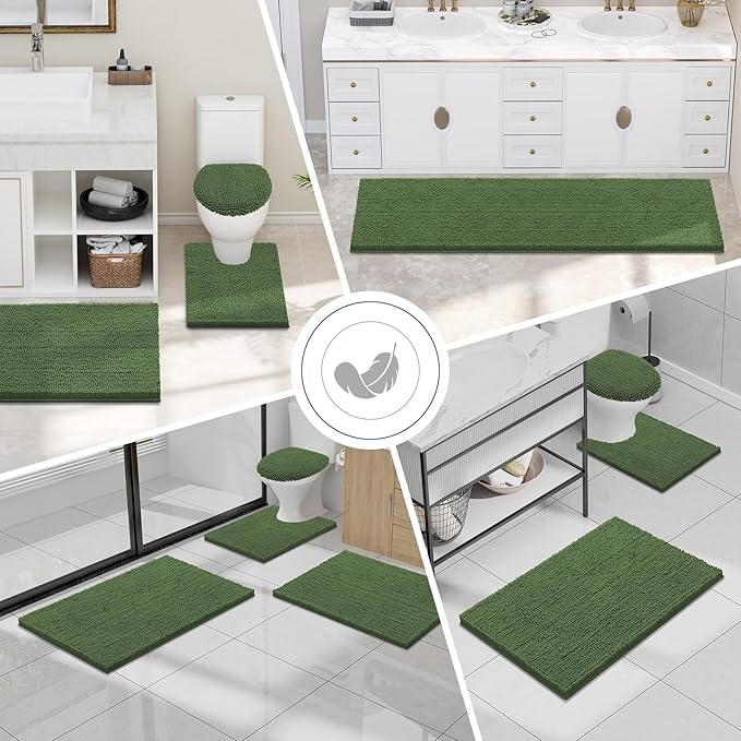 Smiry Luxury Chenille Bathroom Rugs 30x20, Extra Soft and Absorbent Shaggy Bath Mat, Machine Washable, Non-Slip Plush Carpet Runner for Tub, Shower, and Floor, Home Decor Accessories, Olive Green