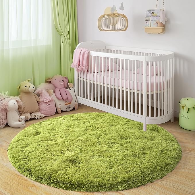 Round Fluffy for Bedroom Rugs, 5Ft Green Shag Circle Rug Non-Slip for Kids Girls Boys Bedroom Dorm Nursery Playroom, Soft Cute Area Rugs for Living Room Decor