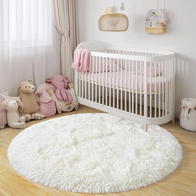 Round Fluffy Rugs 5Ft for Girls Bedroom, Cream White Shag Circle Kids Rug Non-Slip for Bedside Dorm Nursery Playroom, Soft Cute Area Rugs for Living Room Decor