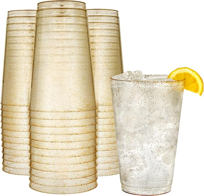 R-kay 12 oz Gold Glitter Plastic Cups For Party - 100 Pack Gold Plastic Cups - Hard Disposable Cups - Premium Heavy Duty Gold Cups - Disposable Cocktail Glasses - Party Cups (12 OZ, 100, Count)