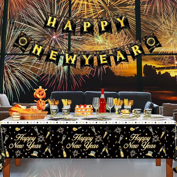 Funrous Happy New Year Party Supplies Tableware Set Serves 24 Guests Including New Year Plates Cups Napkins Forks Knives Spoons Tablecloth and Celebration Banner for Black and Gold Party Decoration