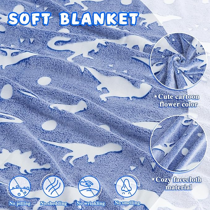 inhand Dinosaur Toys for Kids Glow in The Dark Dinosaur Blanket Christmas Birthday Valentine's Day Easter Party Decorations Favors,2 3 4 5 6 7 8 9 10 Year Old Boy Gifts Soft Blanket(50"X60" Blue Dino