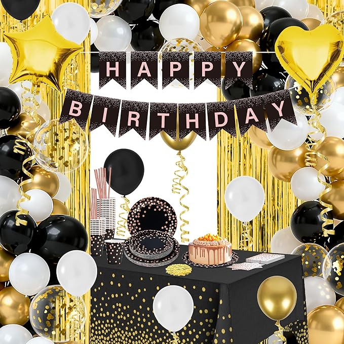140 Pcs Black And Gold Birthday Decorations For Men And Women,Balloon,Happy Birthday Banner,Fringe Curtains,Cake Topper,Plates,Cups, For 25 Guests