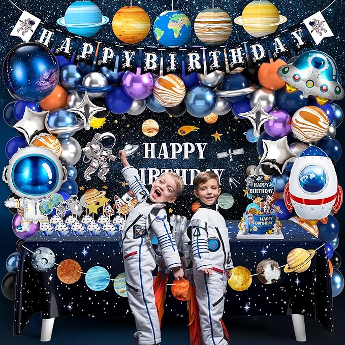 Outer Space Birthday Party Decorations Space Themed Party Supplies Planet Banner Backdrop Cake Topper Solar System Paper Lantern Galaxy Tablecloth Balloon Garland Kit for Space Astronaut Party Decor