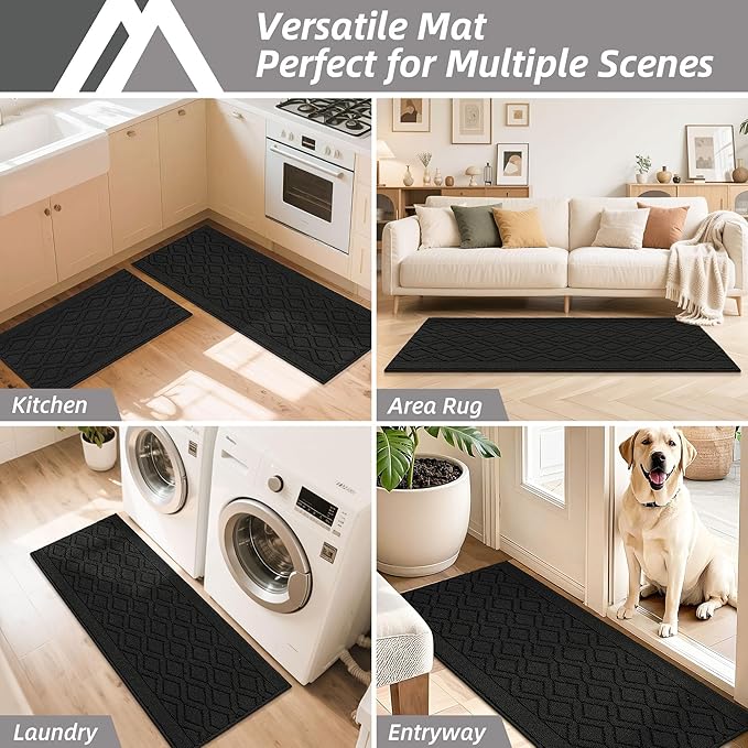COSY HOMEER 60x24Inch/35X24Inch Kitchen Rugs Sets Non-Slip Washable Kitchen Mats for Floor Polypropylene Absorbent Kitchen Runner for Kitchen Sink Hallway Entryway(Black)