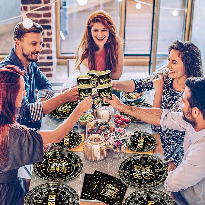 96 PCS New Years Eve Party Supplies, NYE Dinner Plates Dessert Plates Napkins Cups, Disposable New Year Plates and Napkins and Cups, Black Gold NYE Party Supplies 2026 NYE Decorations for 24 Guests