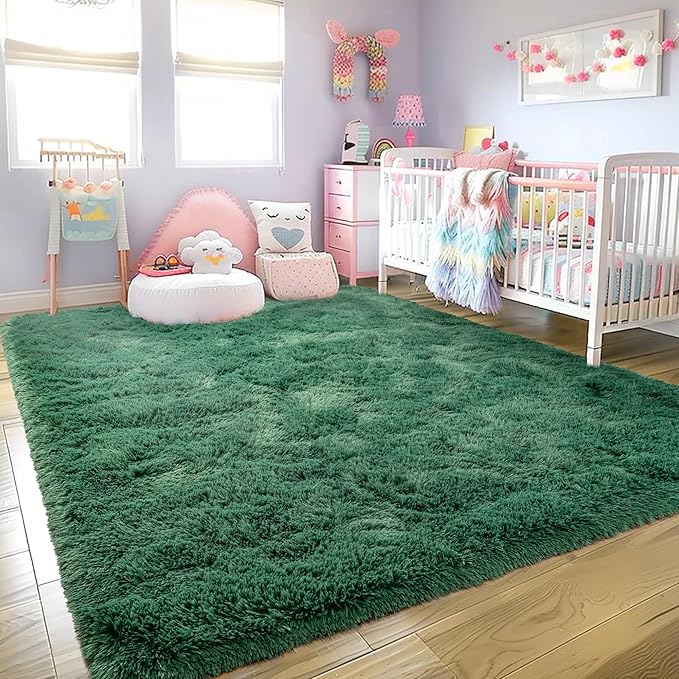 Ultra Fluffy Area Rugs for Living Room Bedroom, 6x9 Fuzzy Large Living Room Rugs, Thick Shag Rug for Dorm, Soft Non Slip Kids Girls Boys Rug for Home Decor Aesthetic, Dark Green