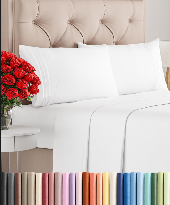 Queen Size Cooling Bed Sheet Set, 4 Piece Bedding Set with Deep Pocket Fitted Sheet, Ultra Soft Wrinkle Resistant Sheets, White