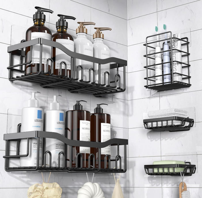 5-pack adhesive shower caddy set with bathroom storage shelves