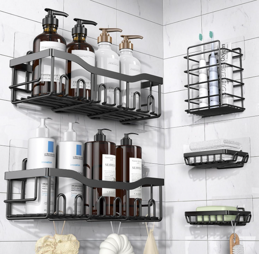 5-pack adhesive shower caddy set with bathroom storage shelves