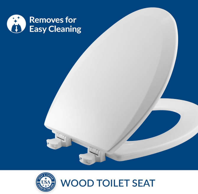 Wood Elongated Toilet Seat with Easy Clean Lift-Off Hinges