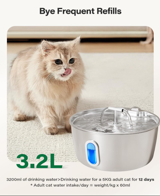 Stainless Steel Cat Water Fountain – 3.2L