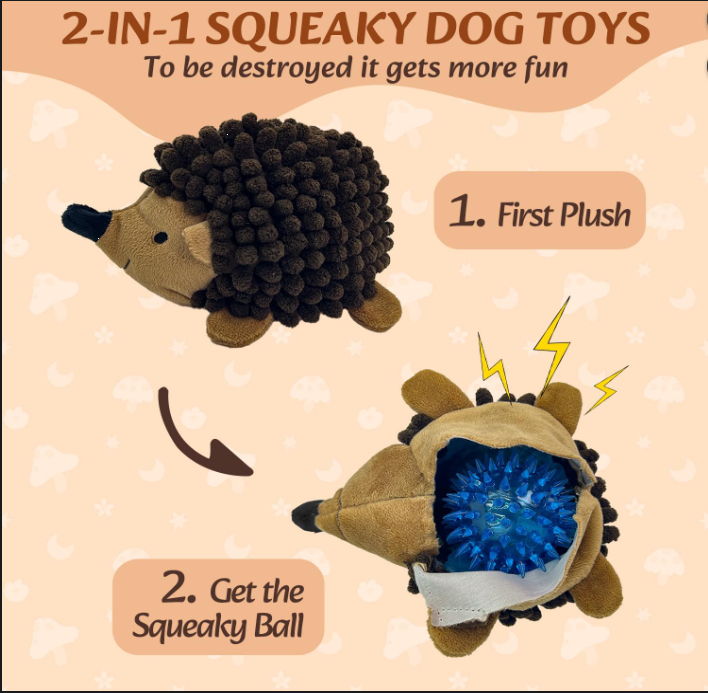 2-in-1 Plush Hedgehog Dog Toy Set – 5 Pack