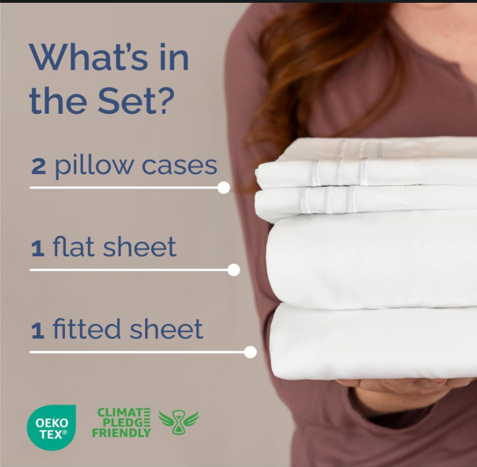 Queen Size Cooling Bed Sheet Set, 4 Piece Bedding Set with Deep Pocket Fitted Sheet, Ultra Soft Wrinkle Resistant Sheets, White
