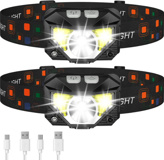 Rechargeable LED Headlamp 2-Pack with Motion Sensor & 8 Lighting Modes