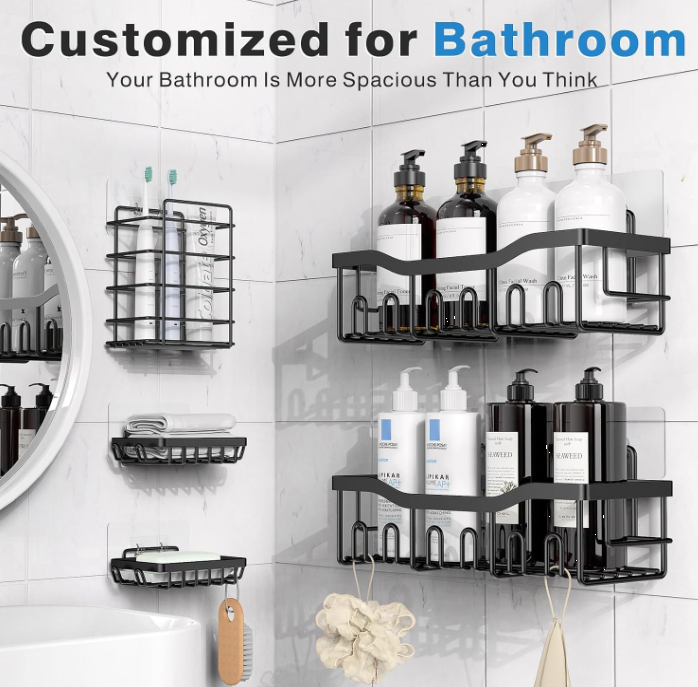 Adhesive shower caddy shelves organized on a bathroom wall