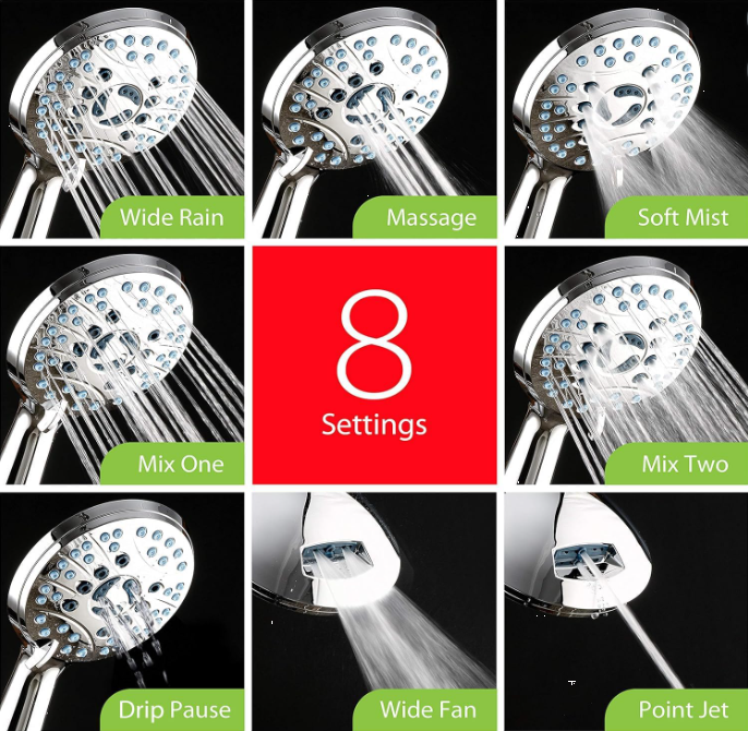 High Pressure 8-Mode Handheld Shower Head with Stainless Steel Hose