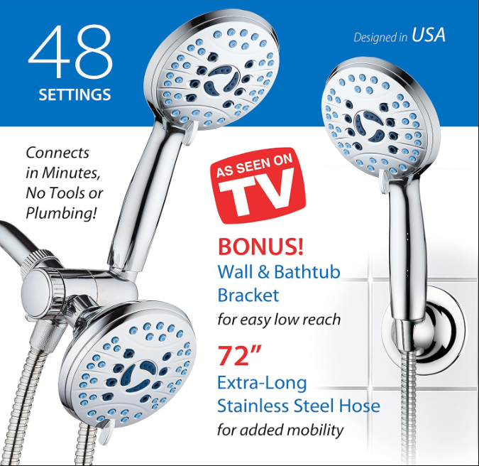 Handheld shower head with multiple spray settings and extra-long stainless steel hose