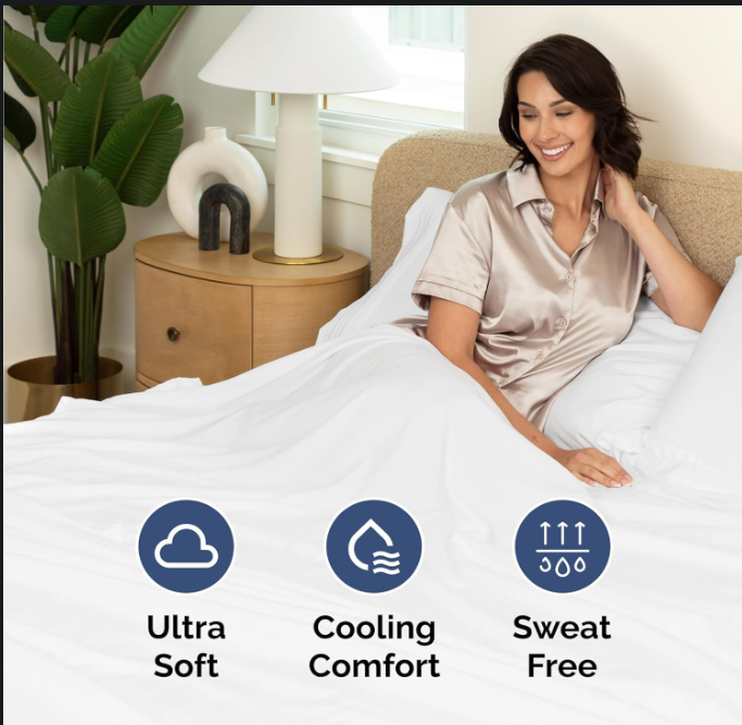 Queen Size Cooling Bed Sheet Set, 4 Piece Bedding Set with Deep Pocket Fitted Sheet, Ultra Soft Wrinkle Resistant Sheets, White