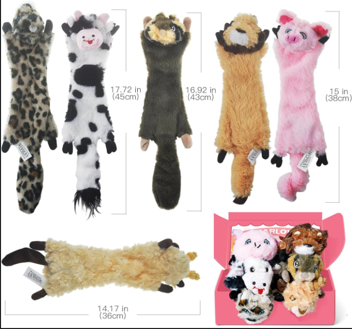 No Stuffing Squeaky Dog Toy Set – 6 Pack Plush Animal Toys